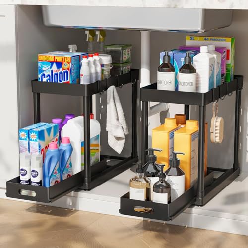 Image of Laxis 2 Pack LAXIS Under Sink Storage Organizer, 2 Tier Pull Out Cabinet Organizer with Sliding Drawer and Hooks, Adjustable Height Under Sink Organizer Rack for Storage Multipurpose, Black