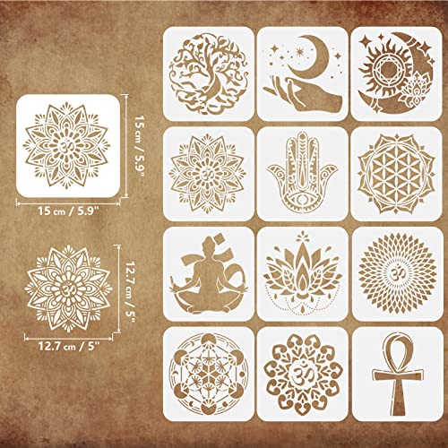 FINGERINSPIRE 12 Pcs Sacred Geometry Stencils 15x15cm Mandala Themed Stencil Plastic Yoga Lotus Flowers Tree of Life Hamsa Hand Sun Moon Pattern Stencil Reusable Stencils for Home Wall Floor Decor - Image 2