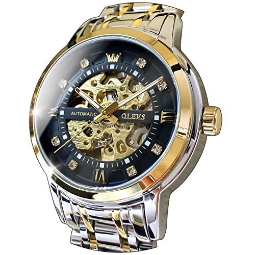 Image of OLEVS Men's Gold Skeleton Watch Automatic Mechanical self Winding Luxury Dress Stainless Steel Waterproof Luminous Wrist Watches