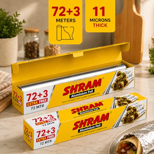 Image of Aluminium Foil 72+3 Meter | 11 Micron Food Grade Kitchen Foil Roll | Safe Paper Zigzag Cutter | Multipurpose Foil for Cooking, Baking, Grilling & Food Wrapping | Keeps Food Fresh