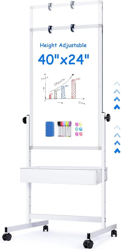 Rolling White Board on Wheels 40x24, Magnetic Storage Easel Standing | Large Double-Sided Dry Erase Board With Storage, Rolling Height Adjustable Stand for Classroom, Home, School and Teachers
