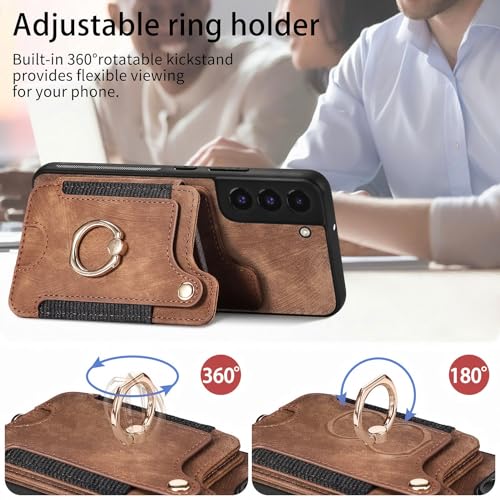 Étui rabattable Samsung S22 antichoc étui portefeuille 2 en 1 marron avec dragonne amovible - 7