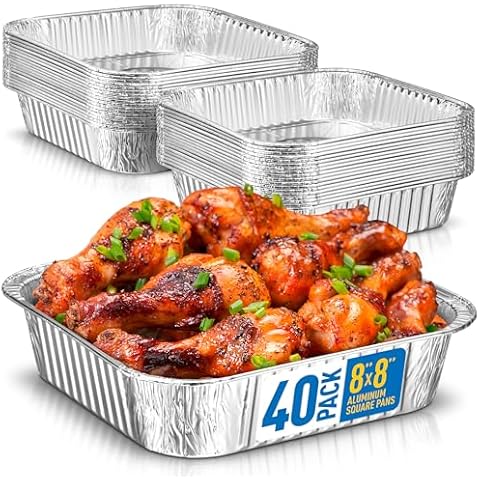 8x8 Disposable Aluminum Pans - 40 Pack Foil Pans For Cooking, Baking Cakes, Roasting & Homemade Breads - Disposable Food Containers Cover