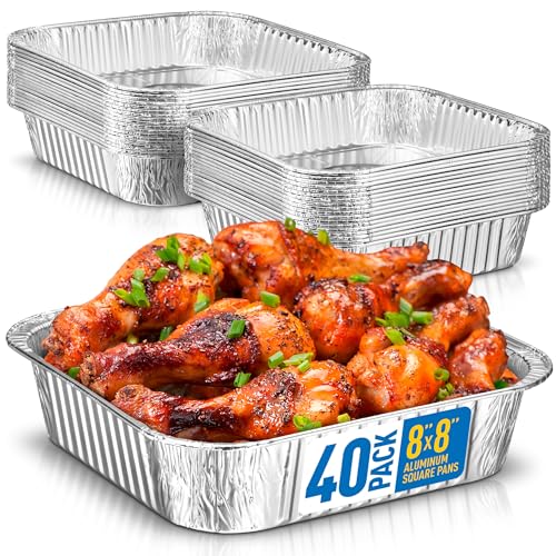 Image of 8x8 Disposable Aluminum Pans - 40 Pack Foil Pans For Cooking, Baking Cakes, Roasting & Homemade Breads - Disposable Food Containers