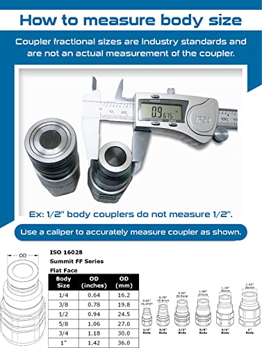 Image of Summit Hydraulics 3 /8 inch Flat Face Hydraulic Quick Connect Coupler Set w /Dust Caps, 3 /8 inch NPT Thread (Pack of 2)