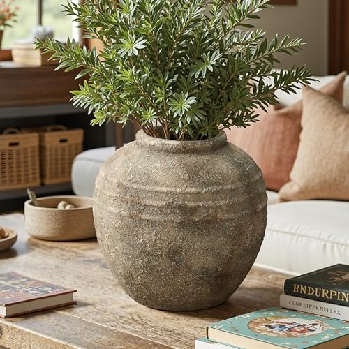LuxenHome Rustic Ceramic Vase, 12" Weathered Terracotta with Textured Ridges