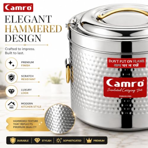 Image of Camro Sambar Pot Hammered | Sambar Pot with Lid | Casserole for Cooking | Canteen & Hotel Casserole Container | Picnic Hot | Biryani Box Hot & Cold Serving (3 Liters)