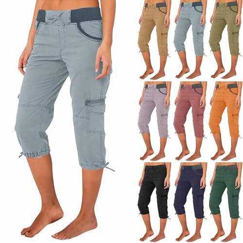 Women Cargo Capris Summer Casual Drawstring Cargo Pants with Pocket Elastic Capri Joggers Outdoor Hiking Pants