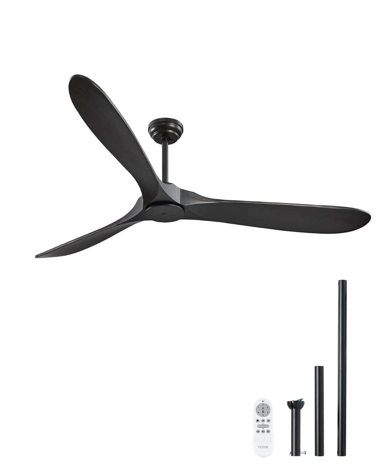VEVOR Ventilatore da Soffitto Senza Luce da 180 cm Moderno Ventilatore Esterno a Filo a Basso Profilo, Telecomando a 6 Velocità, 3 Pale in Legno, Motore CC Reversibile, per Soggiorno e Patio, Nero