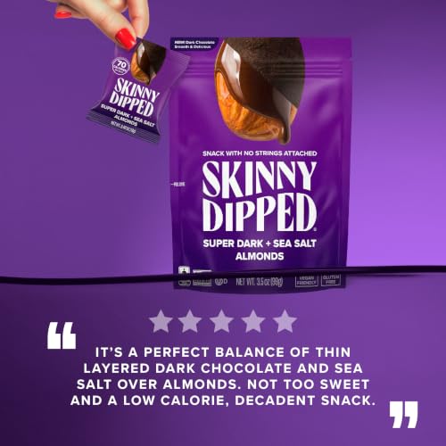 Image of SkinnyDipped Super Dark Chocolate + Sea Salt Almonds, Vegan, Healthy Snack, Plant Protein, Gluten Free, 0.46 oz Mini Bags, Pack of 24 | Crunchy Whole Almonds Thinly Dipped in Chocolate | Vegan | Gluten Free | Plant Protein Snack Packs
