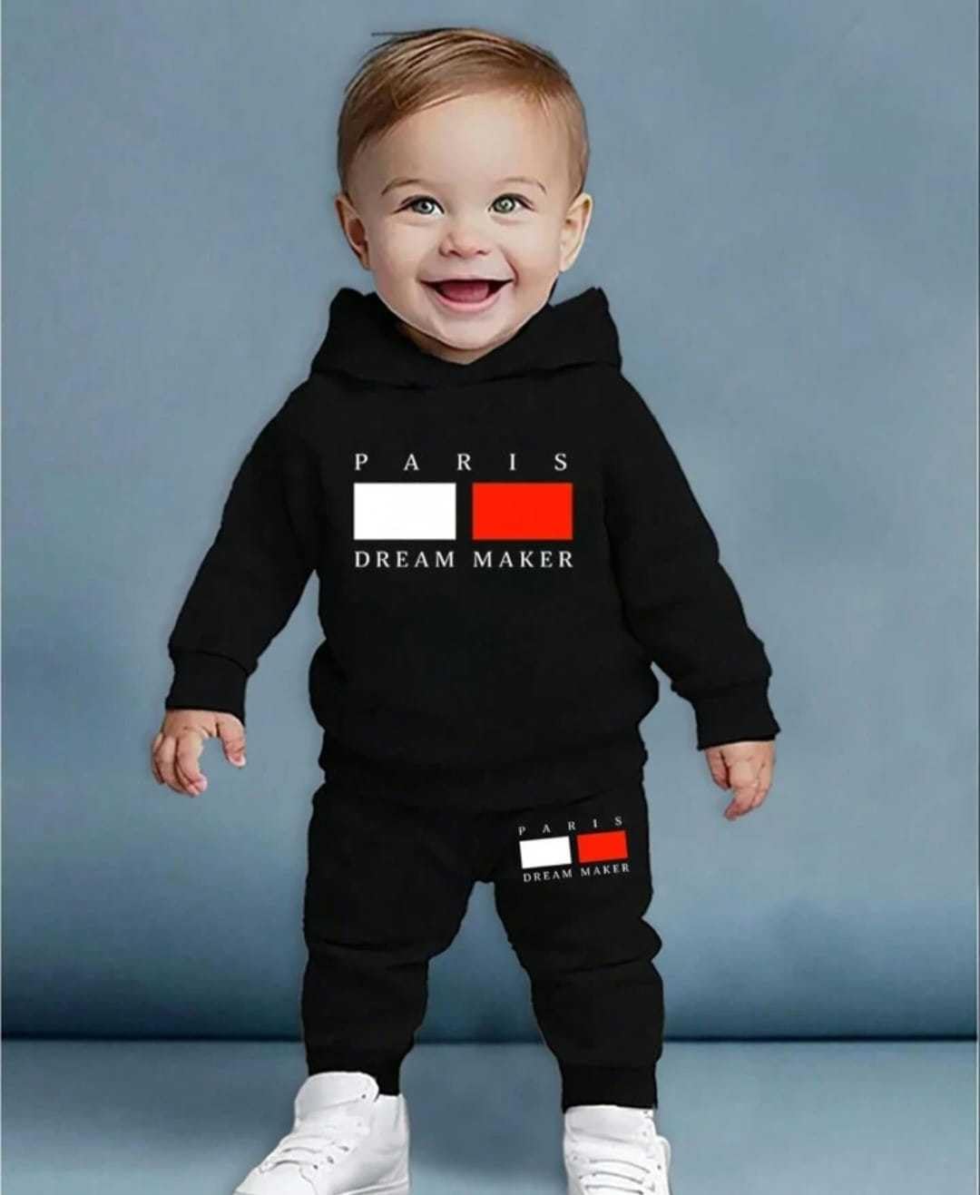 Black Cotton Hoodie and Jogger Pant Set for Kids | Paris Dream Maker Chest Print | Soft and Comfortable Winter Co-Ord Outfit for Boys & Girls (Black - 9 Months to 12 Months) 1