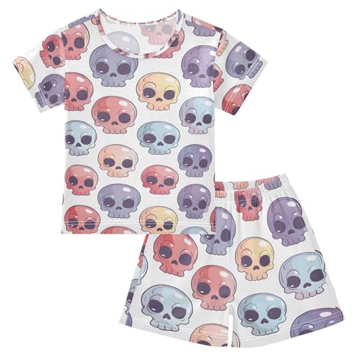 ALAZA Sugar Skull Color Day Of The Dead Pajamas Set Short Sleeve Cotton Sleepwear Summer Pjs 2 Piece 5-14Y