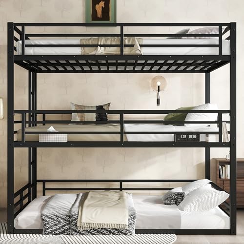Image of Queen Over Full XL Over Queen Bunk Bed, Metal Triple Bunk Bed with Safety Guardrails, Modern Bed Frame for Kids, No Box Spring Required, Black
