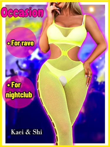 Kaei&Shi Rave Outfits Jumpsuit For Women, Sexy Curvy Fishnet Mesh Bodysuit,Exotic Dancer Body Suit, Glow Dark Sheer Lingerie4