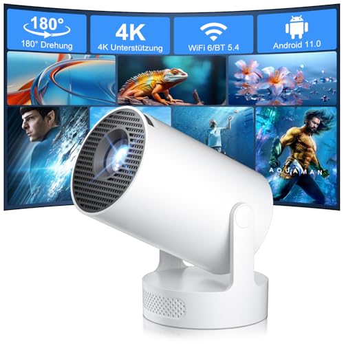 Salange Mini proyector 4K, compatible con Smart Projector 4K FHD 1080P, compatible con Android 11.0, pequeño para exteriores, giratorio 180°, altavoz de graves de 5 W, corrección trapezoidal