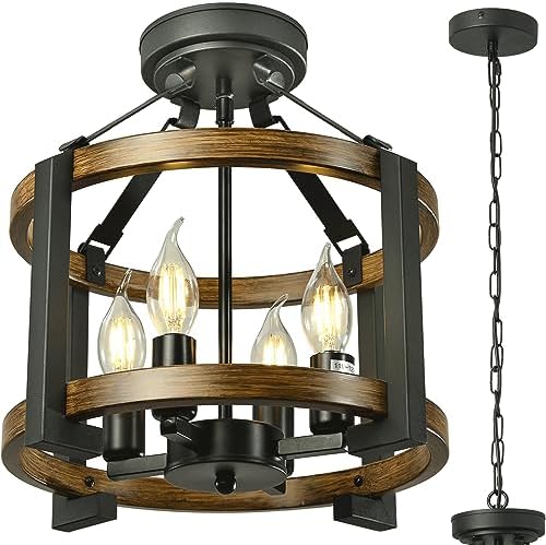 isramp 4-Light Rustic Flush Mount Ceiling Light Fixtures, Retro Wood Farmhouse Chandelier Chain Hanging Convertible Foyer Lighting Fixtures Black Metal Round Pendant Lights for Kitchen Entryway