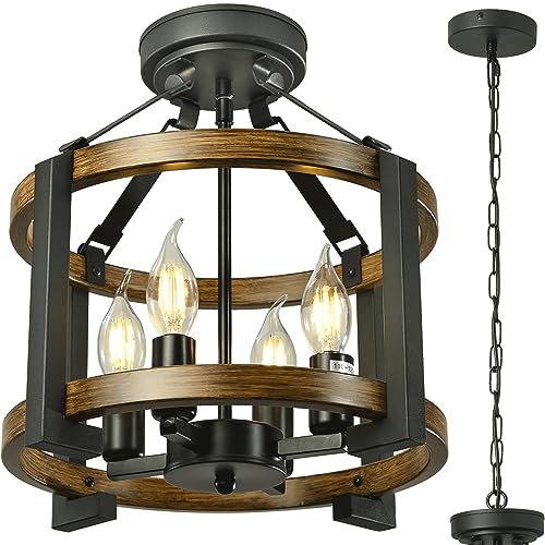 Isramp 4-Light Rustic Flush Mount Ceiling Light Fixtures, Retro Wood Farmhouse Chandelier Chain Hanging Convertible Foyer Lighting Fixtures Black Metal Round Pendant Lights For Kitchen Entryway #TOP6