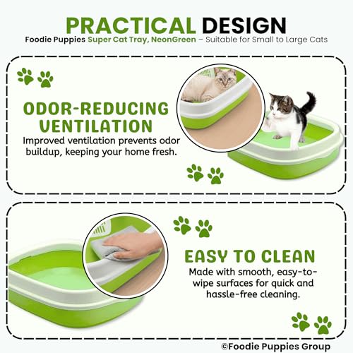 Image of Foodie Puppies Cat Litter Box Tray with Rim and Scooper - (Neon Green) (Large, 46 x 38 x 13 cm) | Semi-Closed Design and Durable Quality | Pet Litter Sand Tray Suitable for All Adult Cats & Kittens