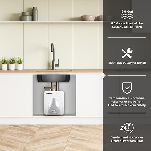 Miniatura 2 de CAMPLUX Calentador Eléctrico de Agua Caliente de 6 Galones, 120-Volt con Cable 1440W Calentador de Agua Eléctrico de Mini-Tanque para Punto de Uso,