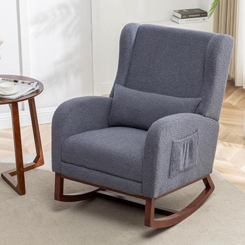 Image of HCHAIRH Rocking Chair with Foot Rest,Teddy Nursery Rocking Chairs, Wingback Nursing Glider Rocker Chair with Pillow and High Back for Nursery, Living Room, Bedroom, Dark Grey