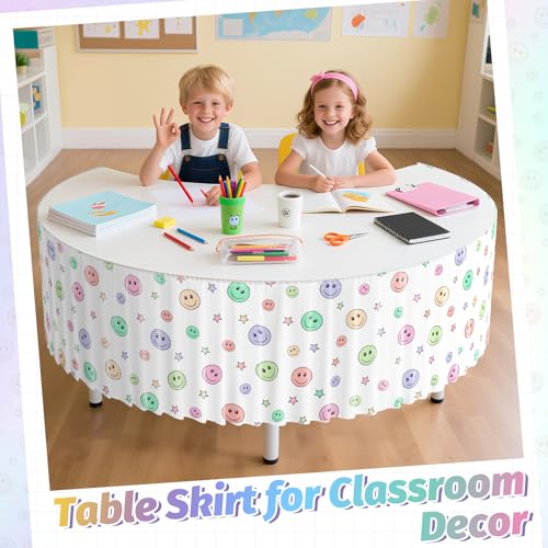 Image of 14FT Ruffle Smiley Face Table Skirt Pastel Teacher Desk Skirt for Classroom Decor Rectangle Table Cloth for Back to School Decorations Colorful Birthday Party Supplies Office Dorm Bookcase Cabinet