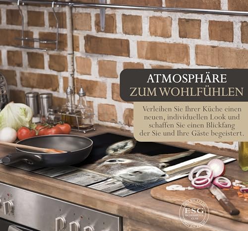 Herdabdeckplatte 60x52 cm ESG Glas | Lustiger Esel im Stall Bauernhof | Herd Abdeckung für Ceranfeld Schneidebrett Glasplatte Induktion