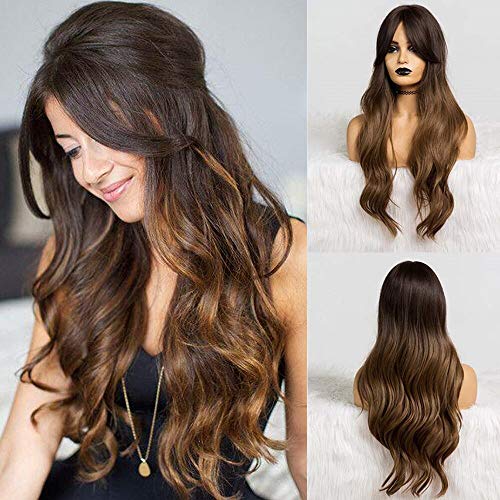 Esmee Synthetic Dark Brown Long Natural Wave Hair Wigs with Side Bangs Heat Resistant Fiber Wigs for White Black Women
