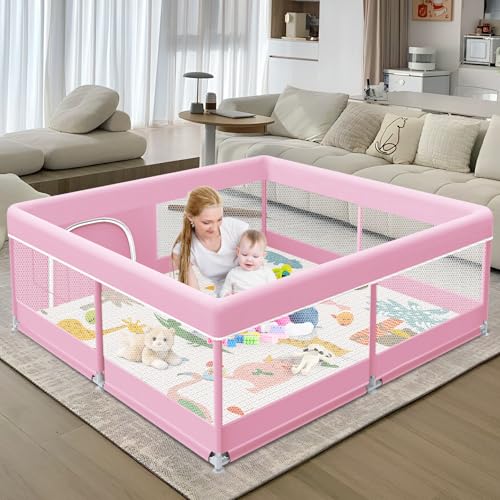 Image of XVISHX Baby Playpen with Mat, 50 x 50 Inch Playpen for Babies and Toddlers, Baby Playard for Indoor & Outdoor Active Center Game Fence, with Skin-Friendly Fabric and Soft Breathable Mesh, Pink