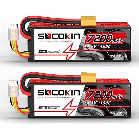 Socokin 4S Lipo Battery 14.8V 7200mAh 150C with XT90 Plug Hard Case for RC Car RC Boat RC Racing Truck Helicopter Airplane 2 Pack Cover