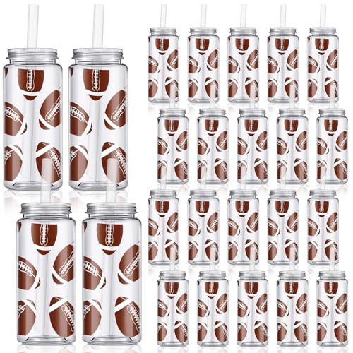 Domensi 24 Pack 14.2 oz Football Plastic Cups with Lid and Straw Clear Reusable Cups with Lids and StrawsTumbler for Birthday Sports Themed Party Supplies