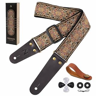 Nefelibata Guitar Strap, 2″ Embroidery Full Grain Leather Ends Guitar Straps with Hidden Pocket, for Bass, Electric and Acoustic Guitars, Strap Button, Strap Locks and Guitar Picks - Les Beatles, Paul McCartney, John Lennon, RIngo Starr, George Harrison