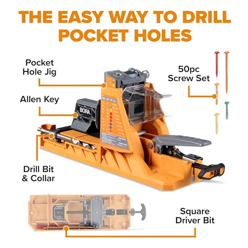 Image of BORA Automatic Pocket Hole Jig with 50 Color-Coated Screws, Auto Adjusting Drill Guide, Pocket Hole Jig Kit for Woodworking - For Materials 1 /2 inch to 1 1 /2 inch Thick, Power Tool Accessory Jigs
