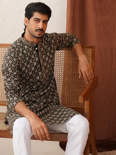 Image of Jompers Olive Embroidered Kurta Pyjama Set For Men (Olive, S)