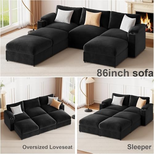 Image of Sectional Couches for Living Room FSC Certified Velvet Modular Couch Oversized Cloud U Shaped Convertible Sleeper Sofa Chaise Detachable Armrest Cushion (Chenille Black, U Shape 6 Seat)