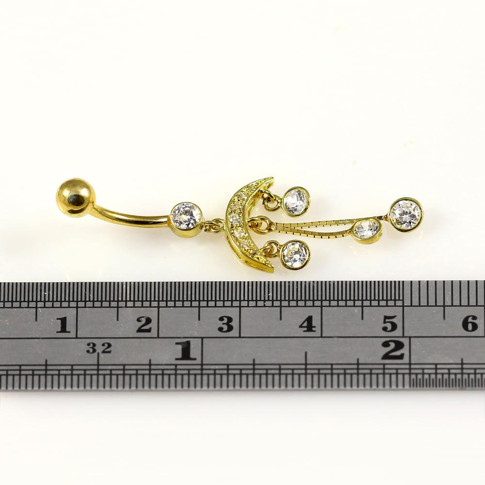 Piercing para el ombligo de oro amarillo macizo de 14 quilates con circonita cúbica y cadena italiana, joyería de ombligo de 14 quilates, calibre 14, 14 Gauge - 12mm Length, Circonia