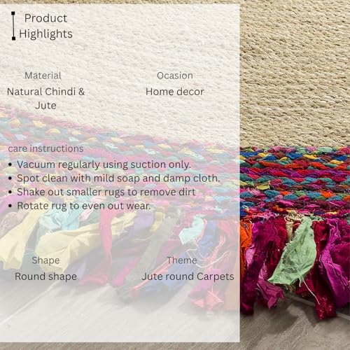Image of Rounds Jute Carpet - Handwoven Natural Fiber Rug for Living Room, Bedroom, Entryway | Boho Chic Eco-Friendly Area Rug | Rustic Designer Floor Mat:-(Chindi Lehar, 4x4 feet