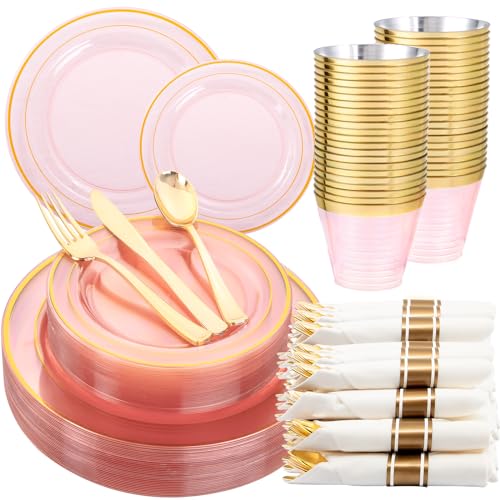 WELLIFE 350Pcs Clear-Pink Plastic Dinnerware- Pink and Gold Plastic Dinnerware