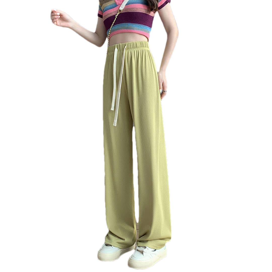 ERFMFKL Women Wide Leg Pant Elastic Waist High Waist Straight Cylinder Lace-Up Casual Pant