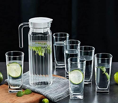 Image of VILON Italian Premium Premium Elegant Glass Lemon Set of 7 Pcs1 Glass Jug (1300 ML) with 6 Glasses (300 ML) (Hexa)