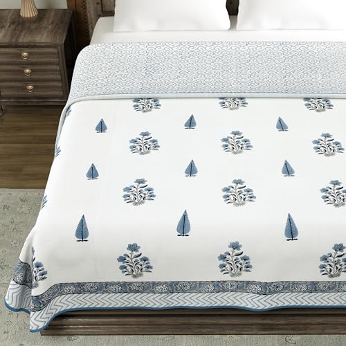 Image of BLOCKS OF INDIA 100% Cotton Dohar King Size Reversible Hand Block Printed Malmal Summer Dohar /Blanket (Color 10)