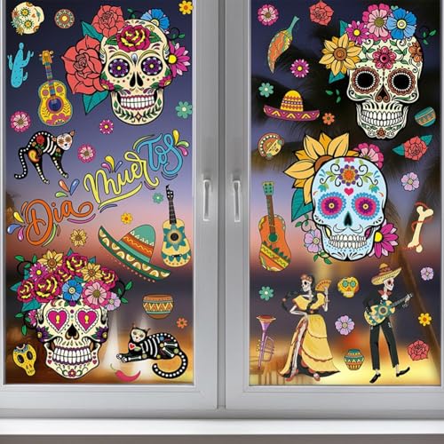 Fituenly Lot De 9 Autocollants pour Fenêtre du Jour des Morts, Motif Mexicain d'halloween, Motif Tête De Mort, Guitare, Mariés Fleurs