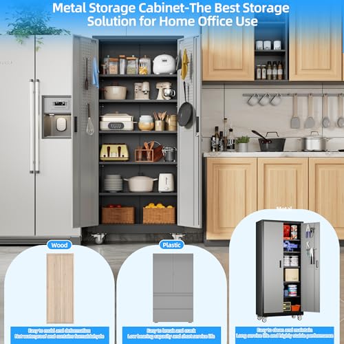 Image of Aobabo Upgrade 71H''*32''W*16''D Metal Garage Storage Cabinet with Wheels and Pegboards, 5 Adjustable Shelves Steel Storage Cabinets for Home,Warehouse,Garage,Assembly Required,Black Gray