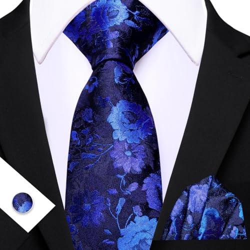 Image of Barry.Wang Flower Ties for Men Silk Woven Floral Tie Sets Necktie Handkerchief Cufflinks Wedding Party