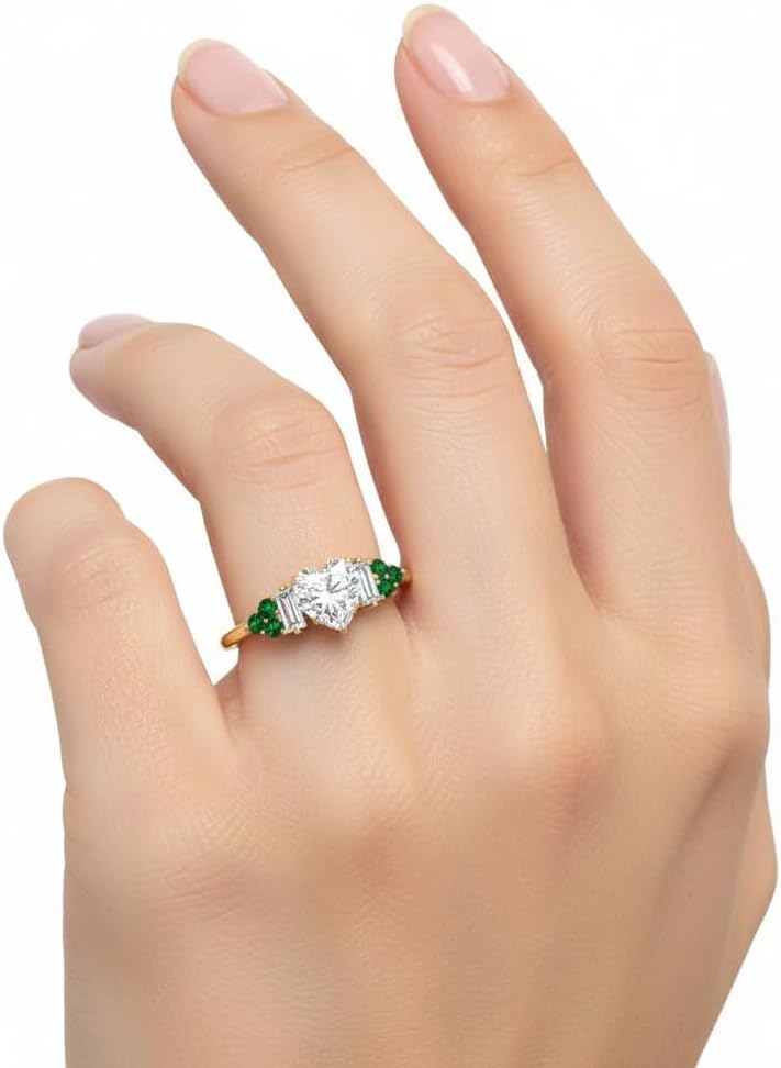 Choose Your Gemstone Baguette Cluster Engagement Ring Yellow Gold Plated Heart Shape Side Stone Engagement Rings Matching Jewelry Wedding Jewelry Easy to Wear Gifts US Size 4 to 12