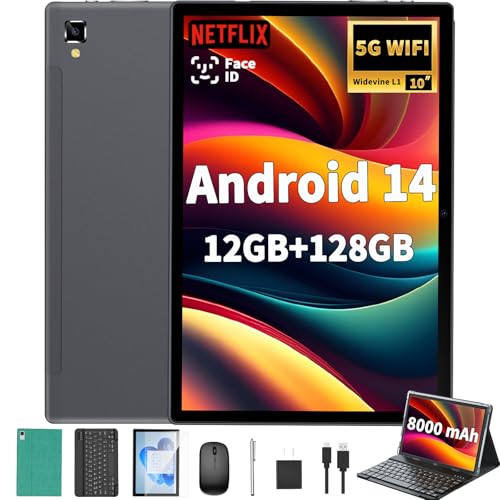 Image of Android 14 Tablet with Keyboard - 10 inch Tablet, 12GB RAM, 128GB ROM (1TB Expand), 5G /2.4G WiFi, 8000mAh, BT 5.0, GMS Certified, with Mouse, Case, Stylus, Support Split screen, Face ID(Green Case)