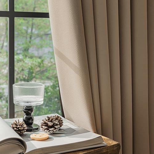 Image of FMFUNCTEX 100% Brown Blackout Curtains for Bedroom, Solid Weave Textured Geometric Weave Curtains 72 Inches Long Thermal Insulated Curtains Living Room, Black Out Drapery Grommet 2 Panels