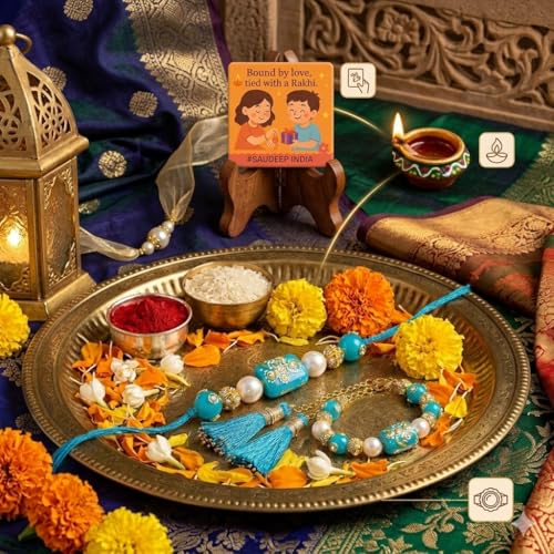 Image of SAUDEEP INDIA Decorative Fridge Magnet for Refrigerator Decor | Free Blue Stone Lumba Rakhi Set for Bhaiya Bhabhi with Rakhi for Brother | Raksha Bandhan Gift Combo | Festive Home Decor(Couple Rakhi)