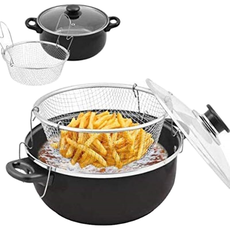 Image of Fryer Deep Fat Frying Basket Pot (22 cm) with Glass Lid-Manual Deep Fryer, Steamer and Cooker French Fries Pot Non Stick Fry Stir Fry Pan with Lid