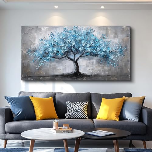 FUHAIHUA Canvas Wall Decor For Bedroom Large Wall Art For Living Room Office Decortions Black And White Paintings Blue Trees Wall Pictures Framed Mural Aesthetic Home Decor Posters Artwork 24x48 In
