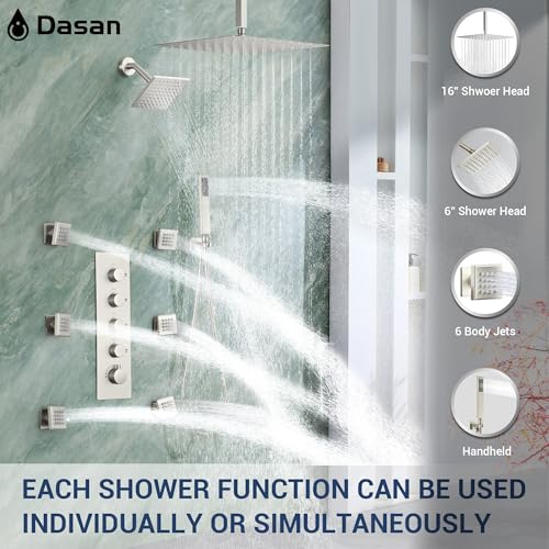 Sistema de Ducha Termostática Dual Dasan con 6 Jets Corporales, Ducha de 6 Pulgadas y Lluvia de 16 Pulgadas, Set de Grifería de Lujo en Níquel Cepillado para Parejas miniatura 2